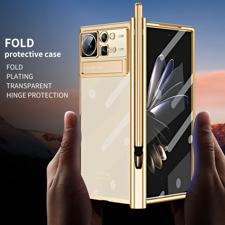 For Xiaomi Mix Fold 2 Electroplated Hinge Transparent Phone Case with Pen Slot(Dark Green)