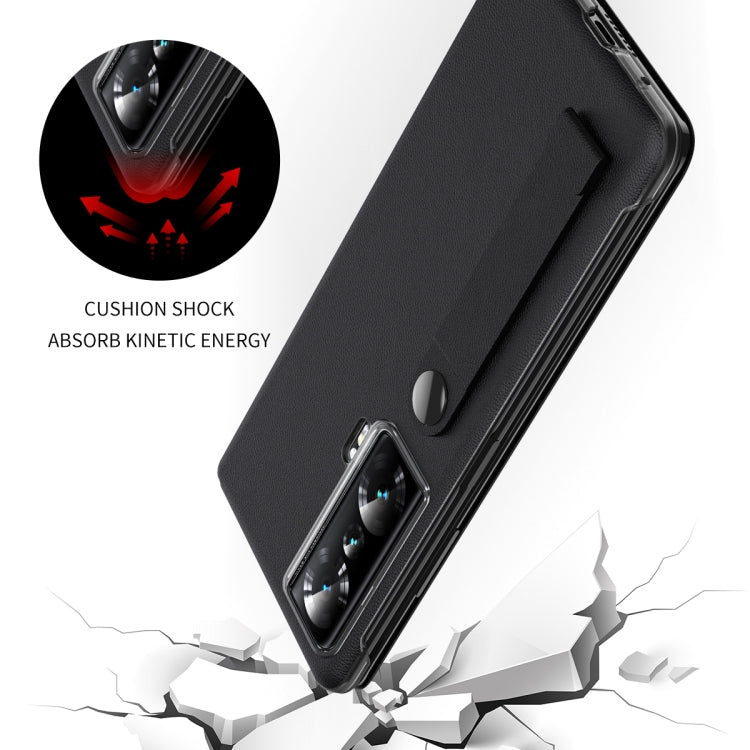 For Honor Magic Vs Side Window View Smart Litchi Pattern Leather Phone Case with Hand Strap(Blue)