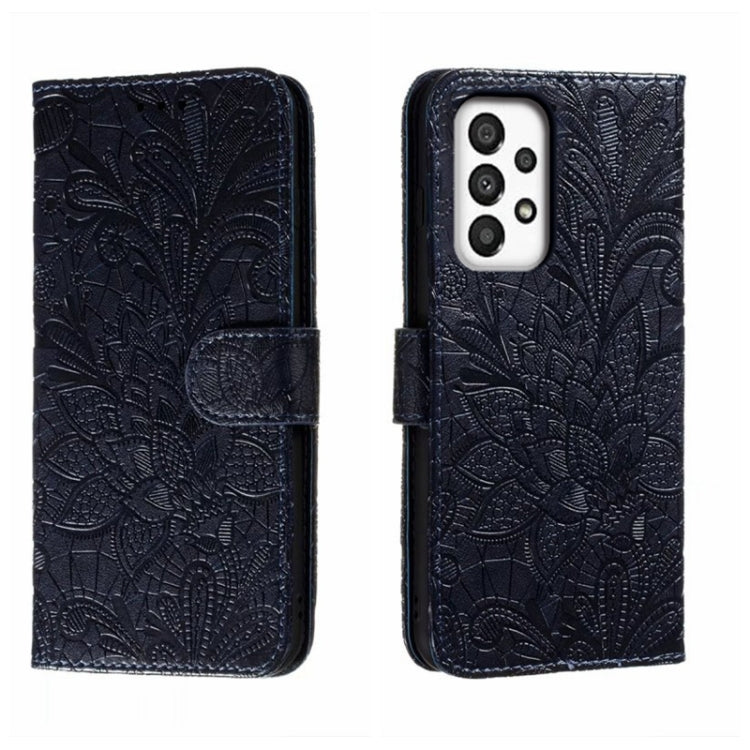 For Samsung Galaxy A34 5G Lace Flower Embossing Flip Leather Phone Case(Dark Blue)