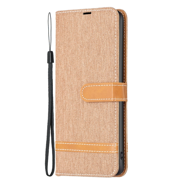 For Samsung Galaxy M14 5G Color Block Denim Texture Leather Phone Case(Brown)