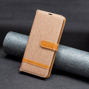 For Samsung Galaxy M14 5G Color Block Denim Texture Leather Phone Case(Brown)