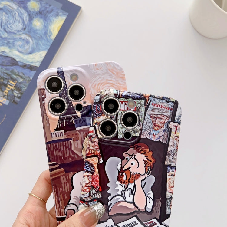 For iPhone 14 Plus Precise Hole Oil Painting Glossy PC Phone Case(Newspaper)