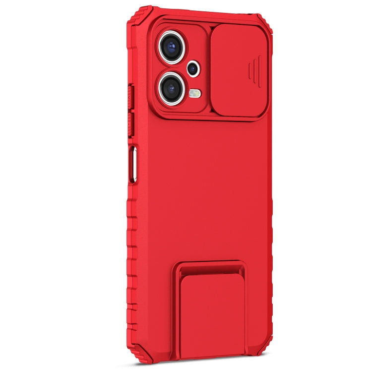 For Xiaomi Redmi Note 12 5G / Poco X5 Stereoscopic Holder Sliding Camshield Phone Case(Red)