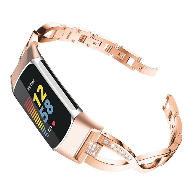 For Fitbit Charge 5 Diamond Metal Watch Band(Rose Gold)