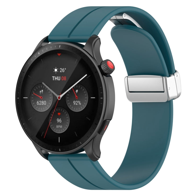 For Amazfit GTR 4 Magnetic Fold Clasp Silver Buckle Silicone Watch Band(Navy Green)