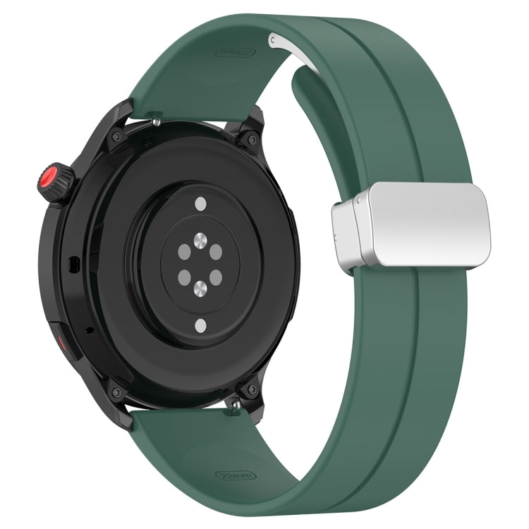 For Amazfit GTR 4 Magnetic Fold Clasp Silver Buckle Silicone Watch Band(Dark Green)