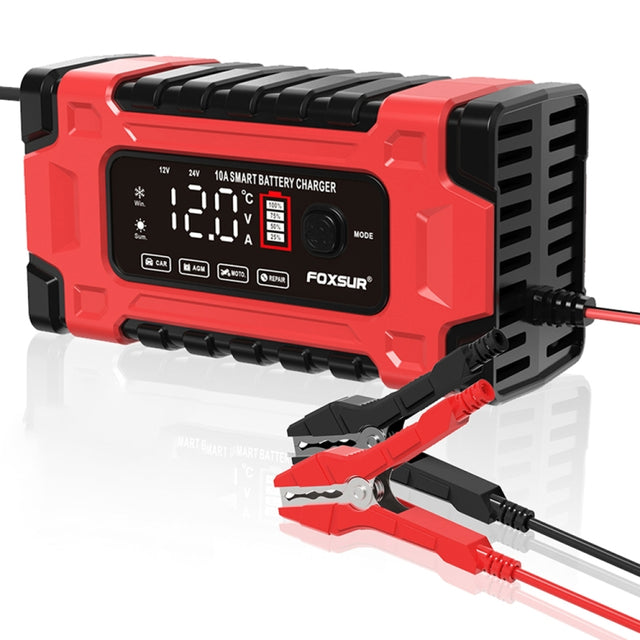 FOXSUR 12V / 24V / 10A Car / Motorcycle Battery Smart Repair Lead-acid Battery Charger, Plug Type:US Plug