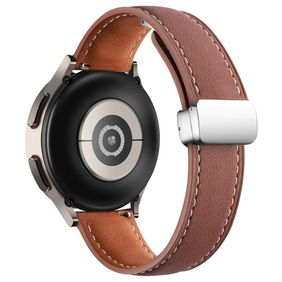 22mm Folding Buckle Plain Weave Genuine Leather Watch Band(Brown+Silver)