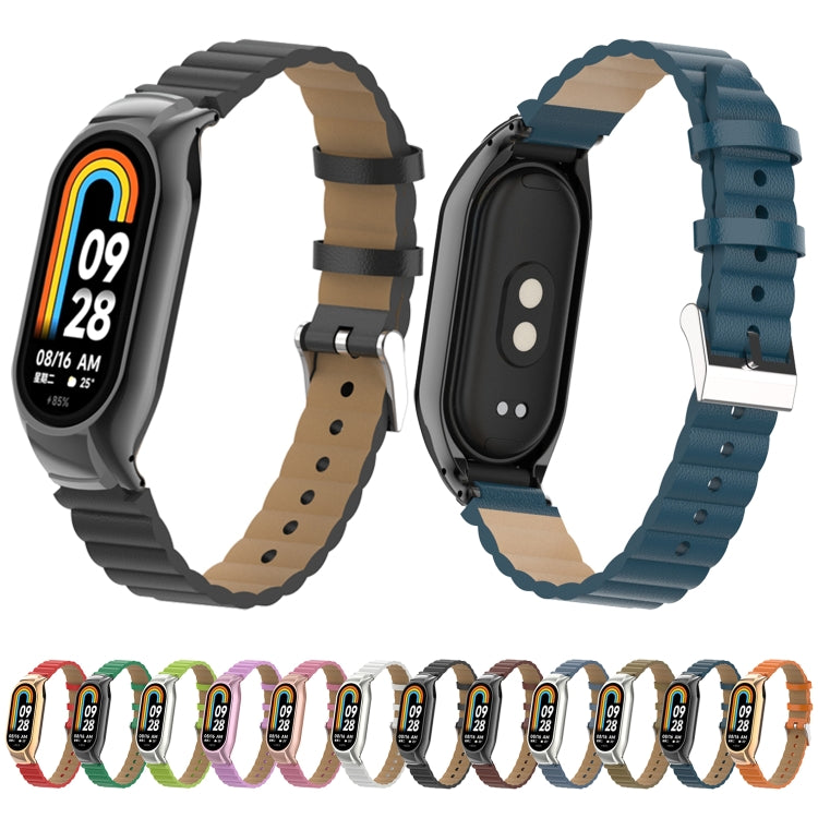 For Xiaomi Mi Band 8 Integrated Metal Case + Bamboo Leather Watch Band(Silver Grey)