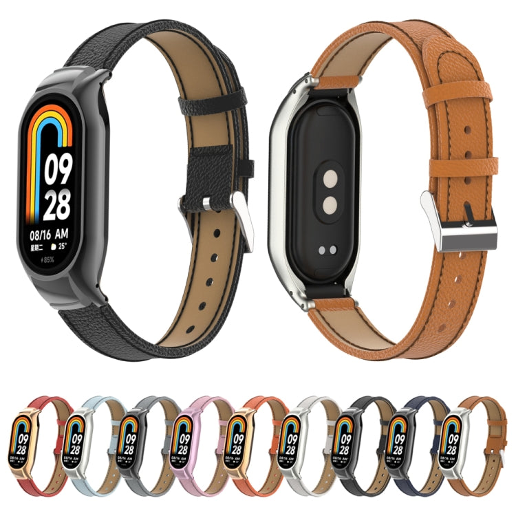 For Xiaomi Mi Band 8 Integrated Metal Case + Litchi Texture Leather Watch Band(Red)
