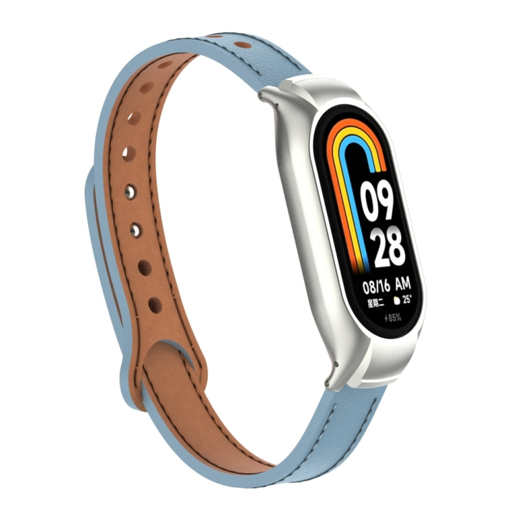For Xiaomi Mi Band 8 Integrated Metal Case + Double Nail Microfiber Leather Watch Band(Light Blue)