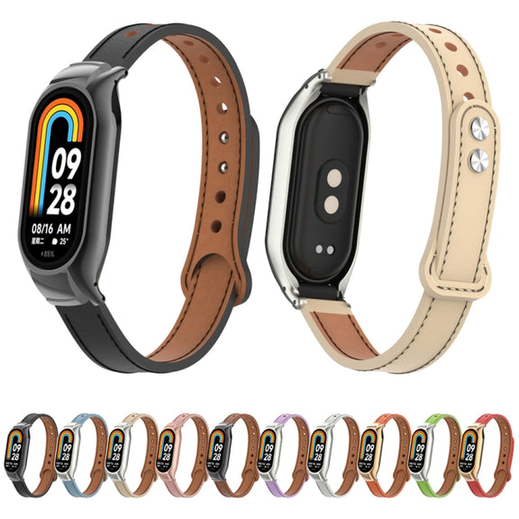 For Xiaomi Mi Band 8 Integrated Metal Case + Double Nail Microfiber Leather Watch Band(Red)