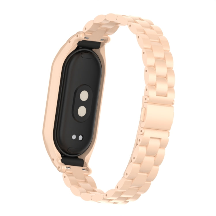 For Xiaomi Mi Band 8 Integrated Metal Case + Three-bead Watch Band(Milk Tea Color)
