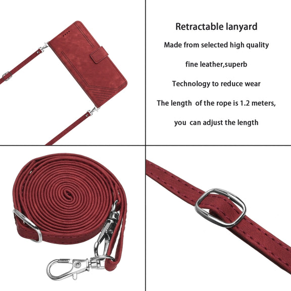 For Samsung Galaxy A03 Core Skin Feel Stripe Pattern Leather Phone Case with Lanyard(Red)