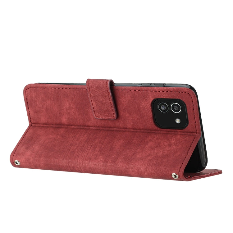 For Samsung Galaxy A03 EU 166mm Skin Feel Stripe Pattern Leather Phone Case with Lanyard(Red)