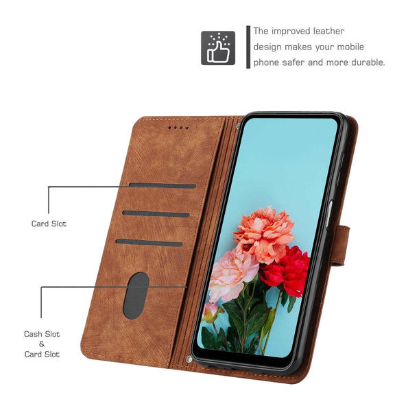 For Samsung Galaxy A14 5G Skin Feel Stripe Pattern Leather Phone Case with Lanyard(Brown)