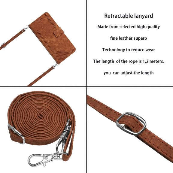 For Samsung Galaxy A14 5G Skin Feel Stripe Pattern Leather Phone Case with Lanyard(Brown)