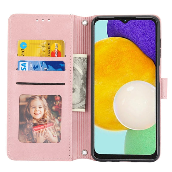 For Samsung Galaxy A14 5G Embossed Stripes Skin Feel Leather Phone Case(Pink)