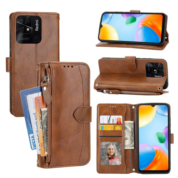 For Xiaomi Redmi 12C Oil Skin Zipper Wallet Leather Phone Case(Brown)