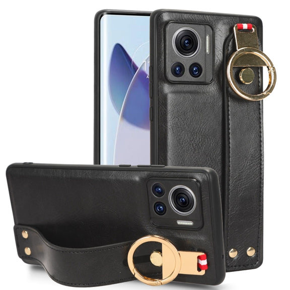 For Motorola Edge 30 Ultra Wristband Leather Back Phone Case(Black)