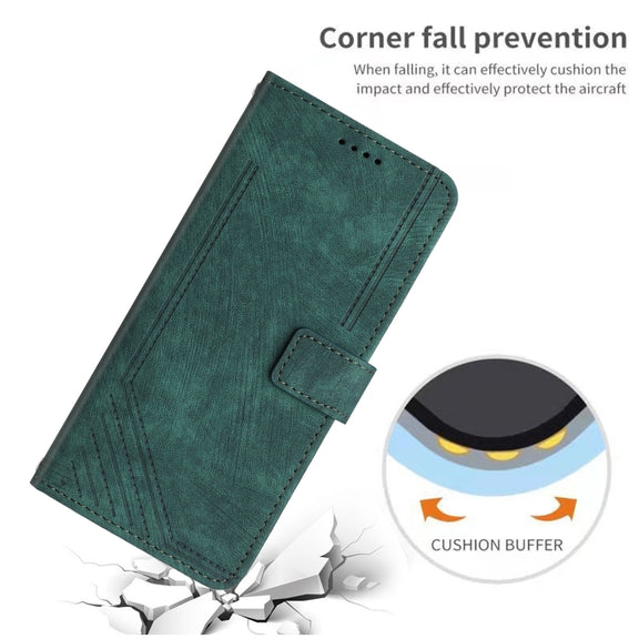 For Tecno Spark 10 Pro Skin Feel Stripe Pattern Leather Phone Case with Lanyard(Green)