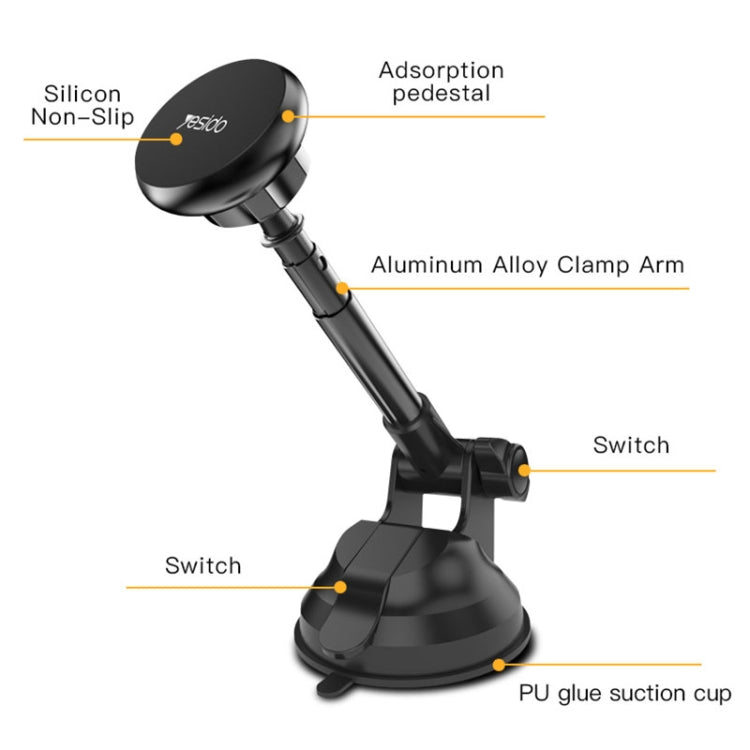 Yesido C41 Car Windshield Telescopic Suction Cup Magnetic Phone Holder(Black)