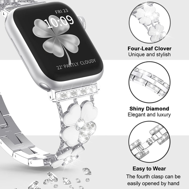 For Apple Watch 8 45mm Petal Metal Diamond Watch Band(Sliver+White)