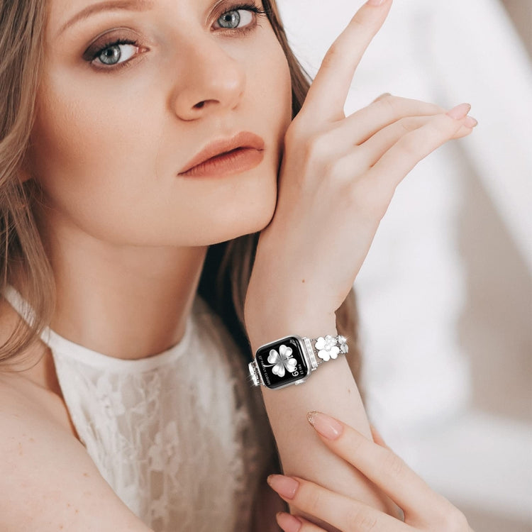 For Apple Watch 8 45mm Petal Metal Diamond Watch Band(Sliver+White)