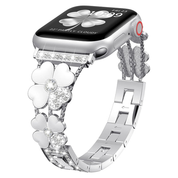 For Apple Watch 8 45mm Petal Metal Diamond Watch Band(Sliver+White)