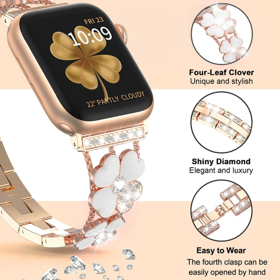 For Apple Watch 6 44mm Petal Metal Diamond Watch Band(Rose Gold+White)