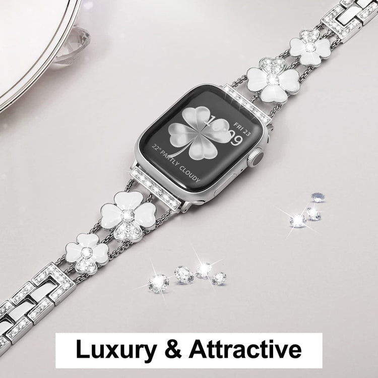 For Apple Watch 5 44mm Petal Metal Diamond Watch Band(Sliver+White)