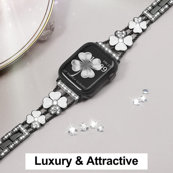 For Apple Watch 42mm Petal Metal Diamond Watch Band(Black+White)