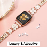 For Apple Watch 42mm Petal Metal Diamond Watch Band(Rose Gold+White)