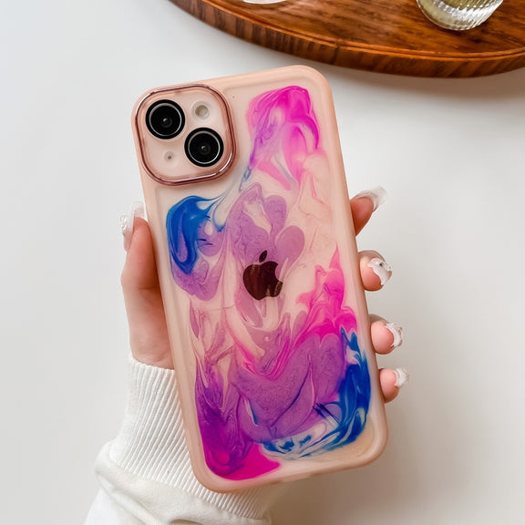 For iPhone 14 Plus Oil Painting Electroplating TPU Phone Case(Pink)