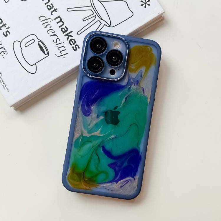 For iPhone 14 Pro Max Oil Painting Electroplating TPU Phone Case(Blue)