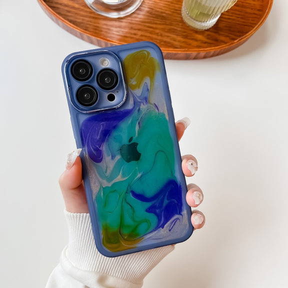 For iPhone 14 Pro Max Oil Painting Electroplating TPU Phone Case(Blue)