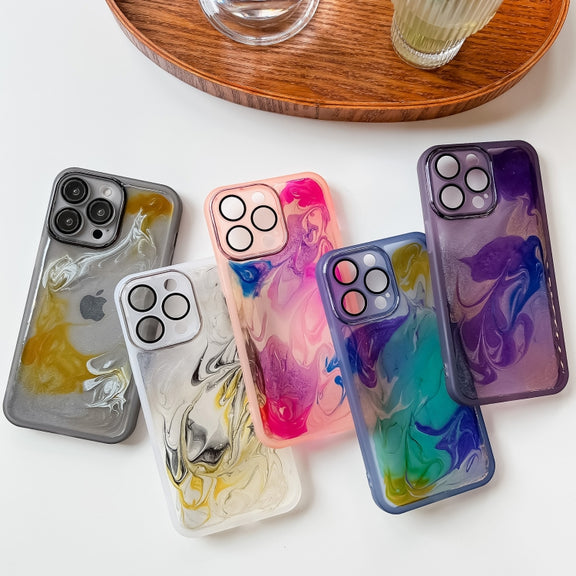For iPhone 14 Pro Max Oil Painting Electroplating TPU Phone Case(Blue)