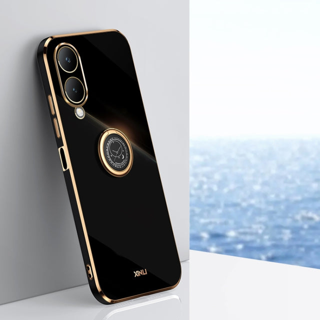 For vivo Y17S 4G XINLI Straight Edge 6D Electroplate TPU Phone Case with Ring Holder(Black)