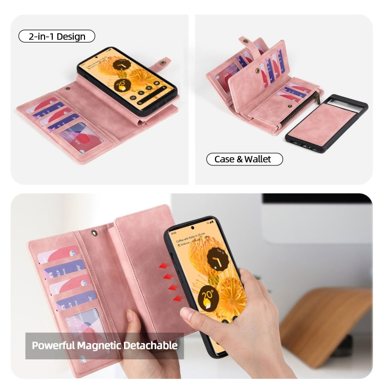 For Google Pixel 7 Zipper Wallet Detachable Magnetic Leather Phone Case(Pink)