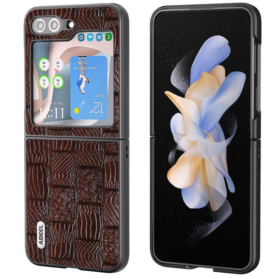 For Samsung Galaxy Z Flip5 ABEEL Genuine Leather Mahjong Texture Series Phone Case(Brown)