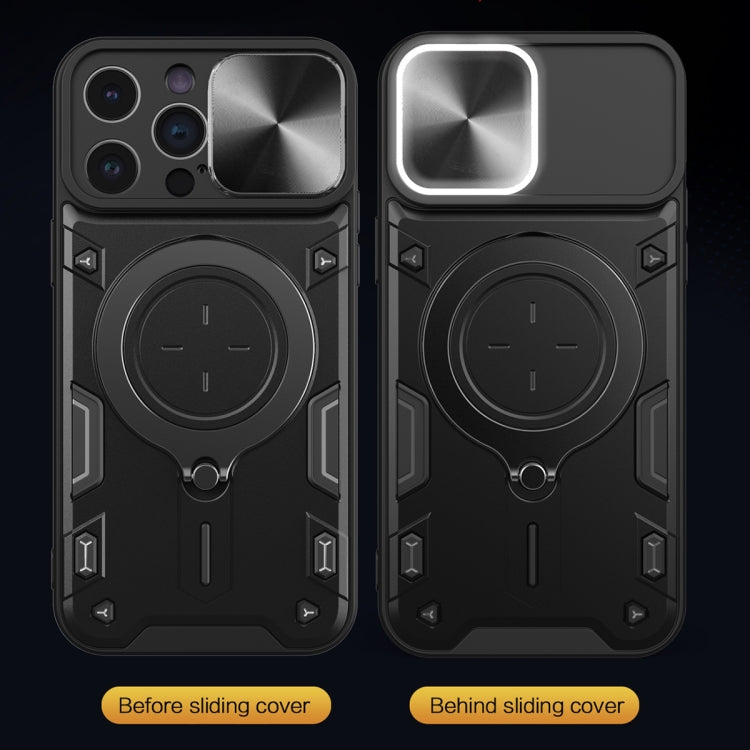 For iPhone 14 Pro Max CD Texture Sliding Camshield Magnetic Holder Phone Case(Black)