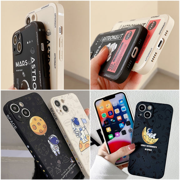 For Samsung Galaxy A12 Astronaut Pattern Silicone Straight Edge Phone Case(Planet Landing-White)