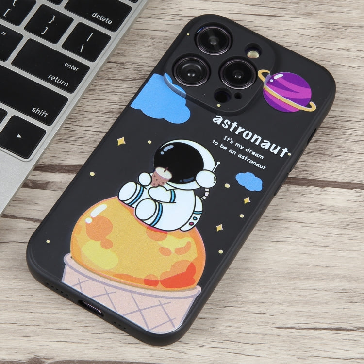 For iPhone 14 Pro Max Milk Tea Astronaut Pattern Liquid Silicone Phone Case(Ivory Black)