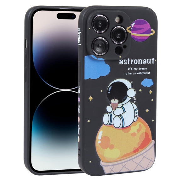 For iPhone 14 Pro Milk Tea Astronaut Pattern Liquid Silicone Phone Case(Ivory Black)