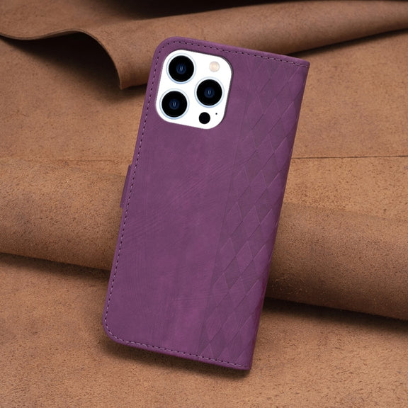 For iPhone 14 Pro Plaid Embossed Leather Phone Case(Purple)