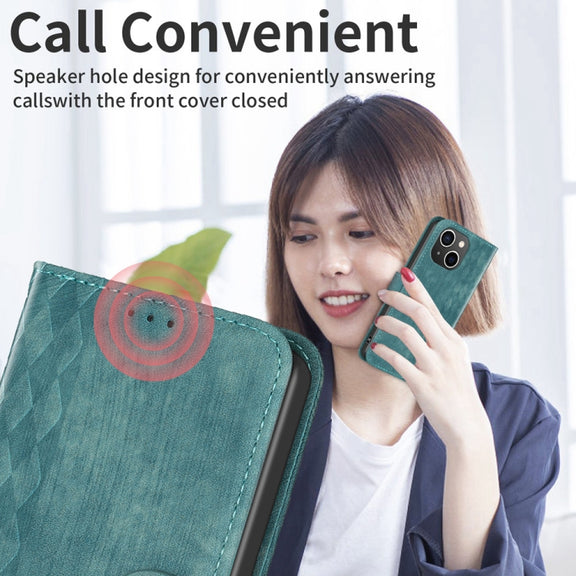 For iPhone 15 Plaid Embossed Leather Phone Case(Green)