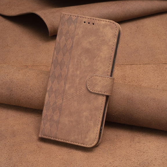 For Samsung Galaxy S21 5G Plaid Embossed Leather Phone Case(Brown)