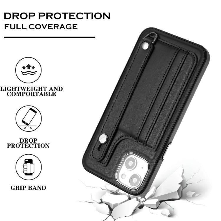 For iPhone 14 Shockproof Leather Phone Case with Wrist Strap(Black)