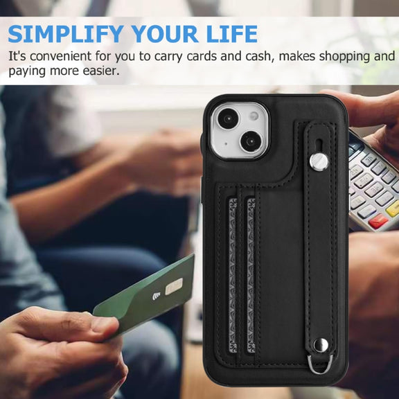 For iPhone 14 Shockproof Leather Phone Case with Wrist Strap(Black)