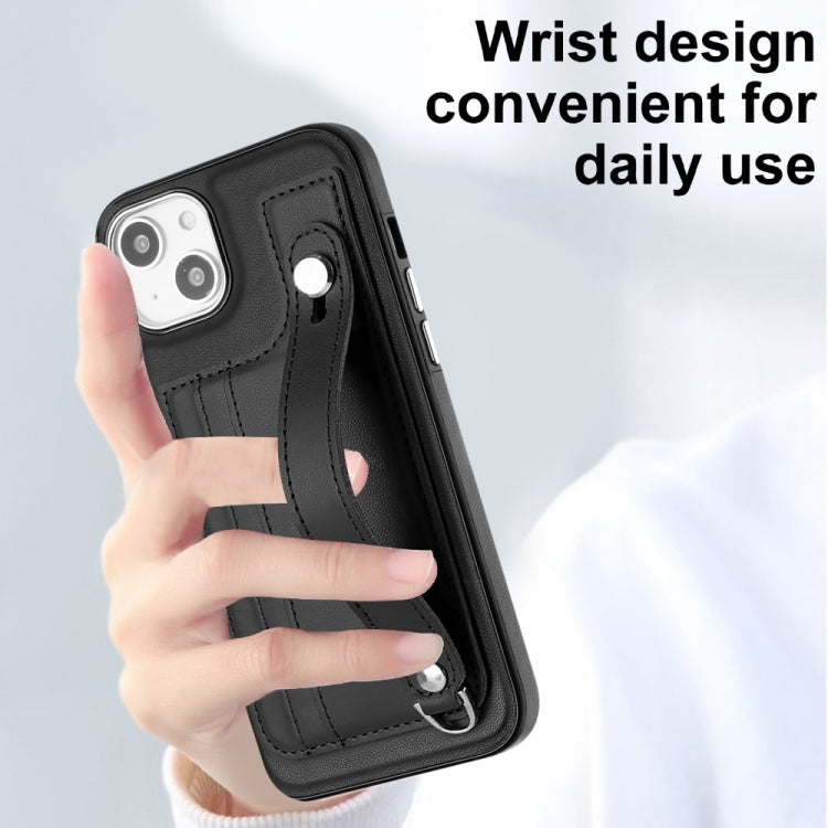 For iPhone 14 Shockproof Leather Phone Case with Wrist Strap(Black)